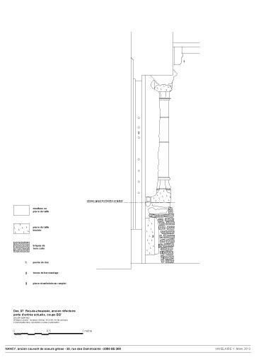 Rez-de-chaussée, ancien réfectoire ; porte d'entrée actuelle, coupe BB'.