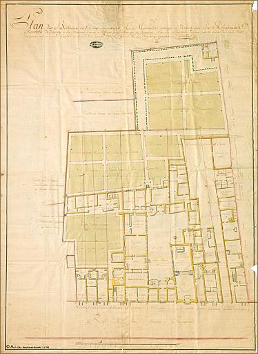 Plan des bâtiments et terrains composant le monastère occupé ci-devant par les religieuses sainte Elisabeth de Nancy et des maisons louées à différents particuliers qui en dépendent levé par l'architecte soussigné pour être annexé au procès-verbal d'estimation qu'il en a dressé cejourd'hui à Nancy le 30 décembre 1792. L'an premier de la République française.