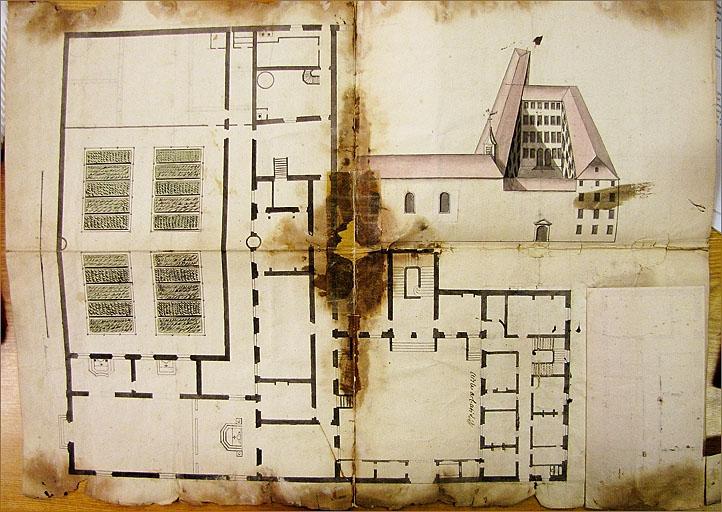 Plan et élévation, 1732 (date portée au verso) : état projeté, rez-de-chaussée (retombe levée).