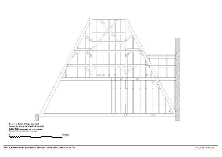 Corps de logis principal. Charpente, coupe longitudinale annotée
