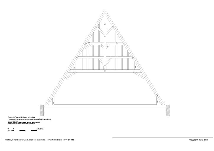 Corps de logis principal. Charpente, coupe transversale annotée (ferme Est)