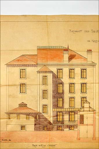 Bâtiment C (sur la rue Charles III) : projet, élévations sur cour et sur jardin, détail (élévation sur jardin).