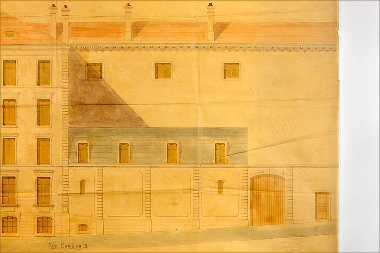 Bâtiment C (sur la rue Charles III) : projet, élévation sur rue, détail.