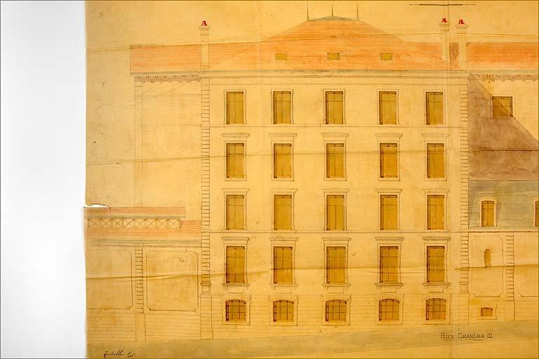 Bâtiment C (sur la rue Charles III) : projet, élévation sur rue, détail.