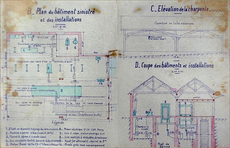 Plans et coupes du bâtiment sinistré et des installations.
