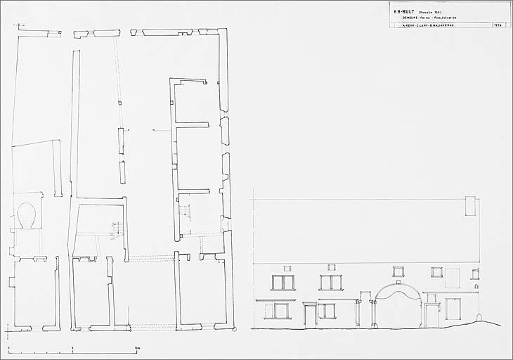 Plan du rez de chaussée et élévation de la façade antérieure.