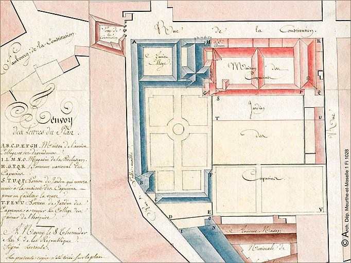 Plan de situation de l'église (entre P et Q) en 1797.