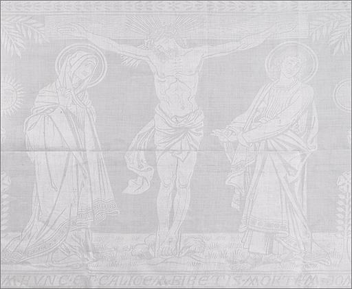 Détail du décor : Christ en croix, Vierge et Saint Jean.