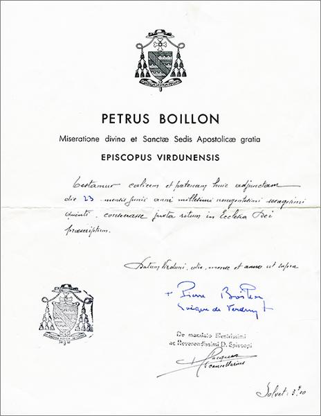 Copie du certificat de bénédiction, 23 juin 1965.