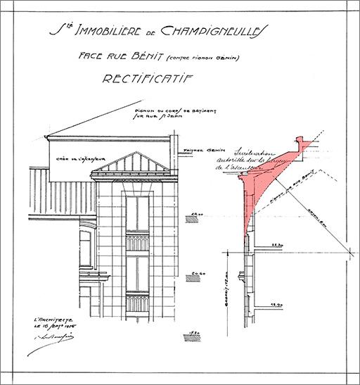 Elévation et coupe partielles du bâtiment (travée d'escalier, rue Bénit).