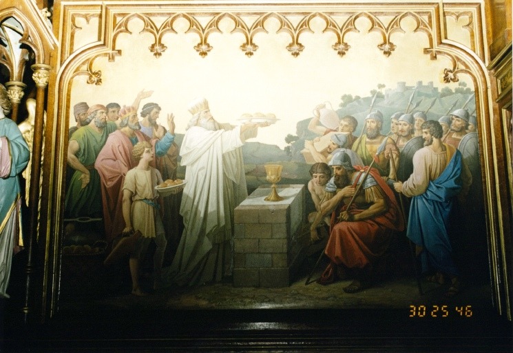 Vue de détail du panneau de gauche du retable : le sacrifice de Melchisédech.