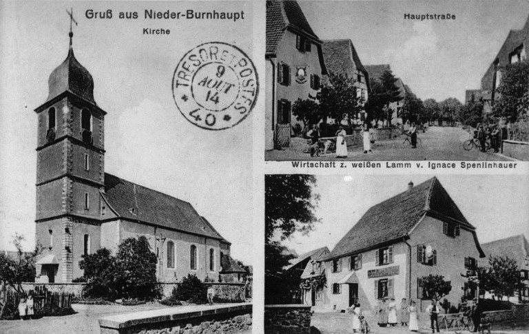 Carte postale de 1914 représentant 3 vues de Burnhaupt-le-Bas : vue sud-ouest de l'ancienne église avant sa destruction durant la première guerre mondiale; vue générale de la rue Principale; vue sud-est de l'ancienne Auberge de l'Agneau Blanc.