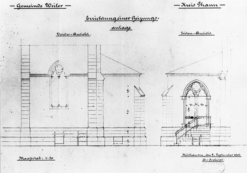 Plan de l'installation d'un moyen de chauffage : vues antérieure et latérale.