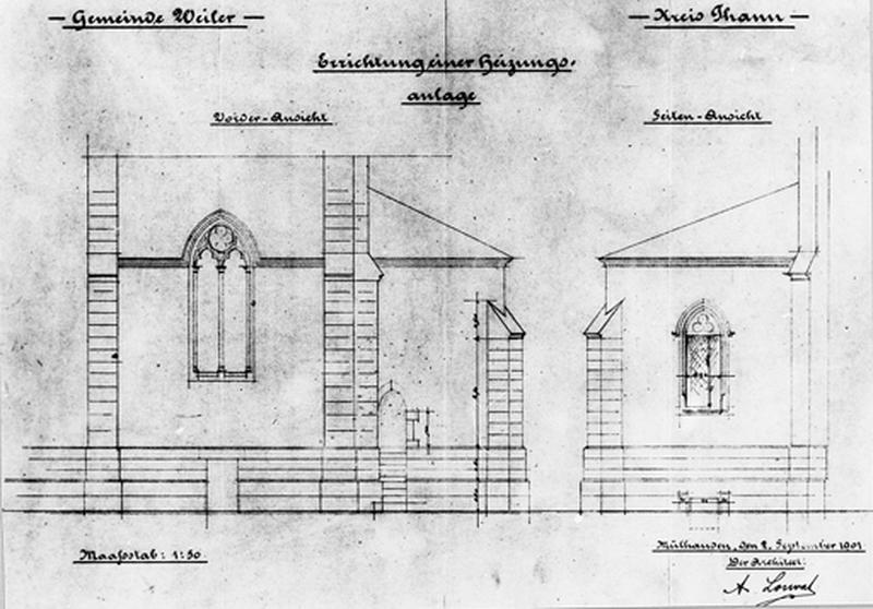 Plan de l'installation d'un moyen de chauffage : vues antérieure et latérale.