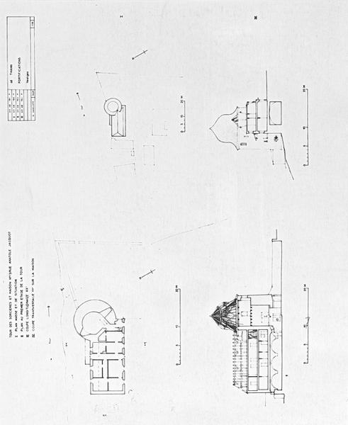 Relevés du plan au rez de chaussée, coupes transversale et longitudinale.