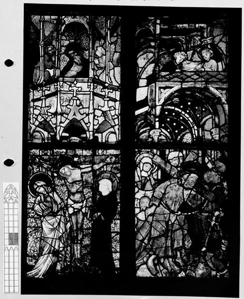 Verrière I : panneaux 9b, 9c, 10b, 10c : la crucifixion, le portement de la croix, motif d'architecture avec deux agenouillés, motif d'architecture avec deux anges.