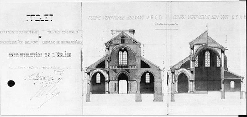 Vue d'un projet de reconstruction de l'église : coupes transversales sur la nef et sur le choeur.