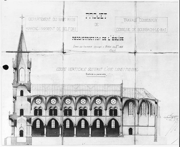 Vue d'un projet de reconstruction de l'église : coupe longitudinale.