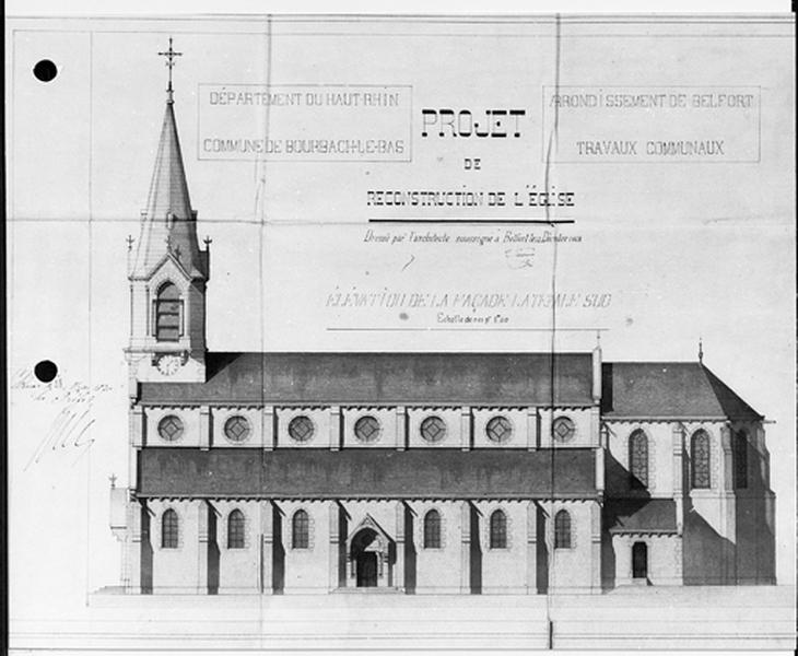 Vue d'un projet de reconstruction de l'église : élévation sud.