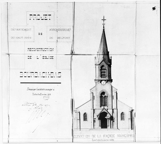 Vue d'un projet de reconstruction de l'église : élévation de la façade principale.