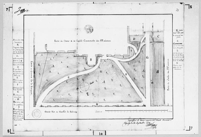 Plan du cimetière au nord du couvent et plan partiel de l'église conventuelle.