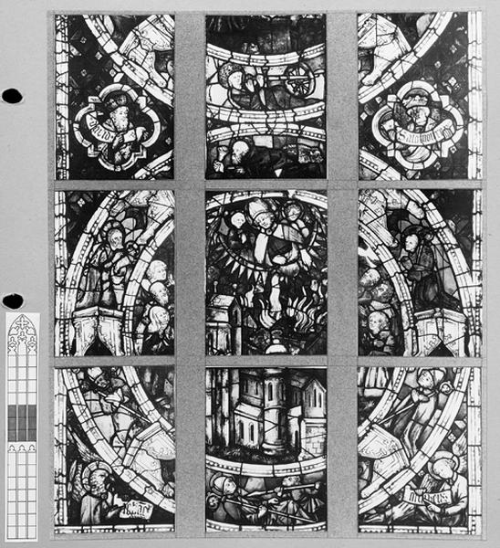 Verrière S III : panneaux 9a,9b, 9c, 10a, 10b, 10c, 11a, 11b, 11c : Miracle de Saint Thiébaut.