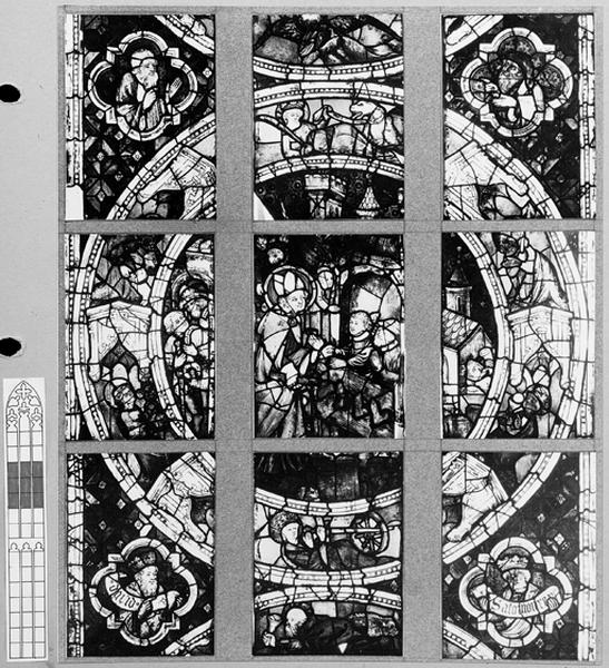 Verrière S III : panneaux 11a,11b, 11c, 12a, 12b, 12c, 13a, 13b, 13c : Miracle de Saint Thiébaut.