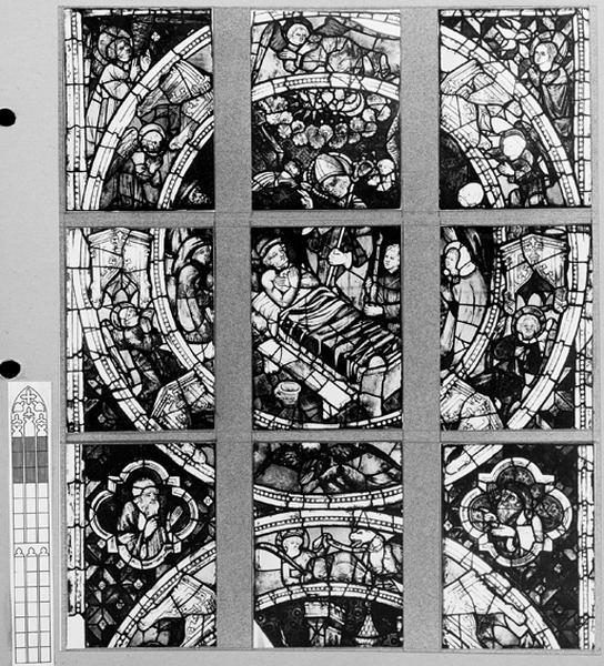 Verrière S III : panneaux 13a,13b, 13c, 14a, 14b, 14c, 15a, 15b, 15c : Miracle de Saint Thiébaut.