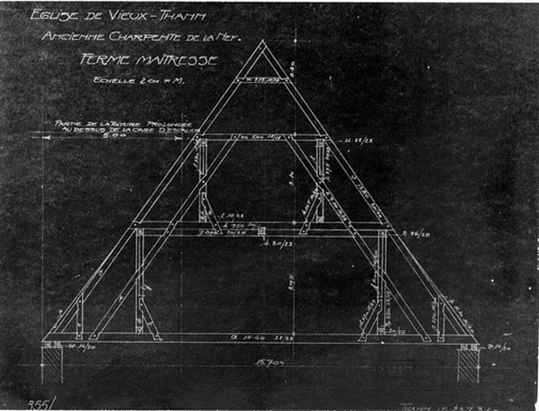 Relevé d'une ferme de l'ancienne charpente de la nef.