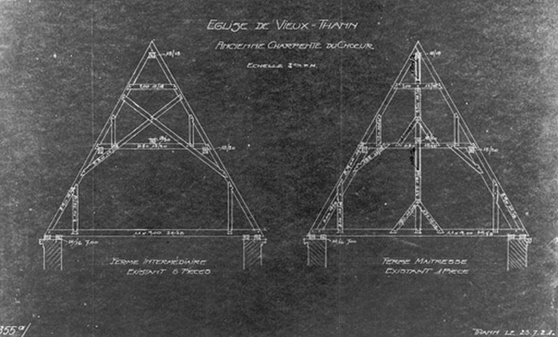Relevé de deux fermes de l'ancienne charpente du choeur.