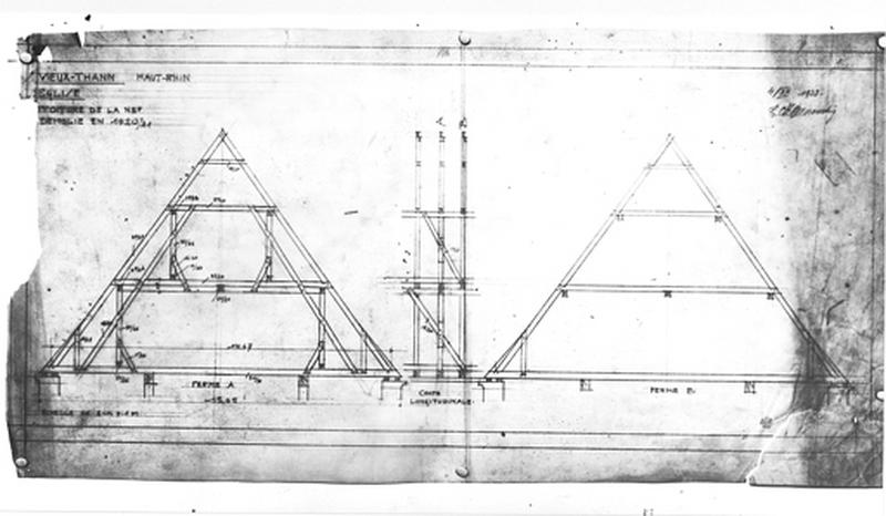 Relevés de deux fermes de la charpente de la nef démolie en 1920/1921.