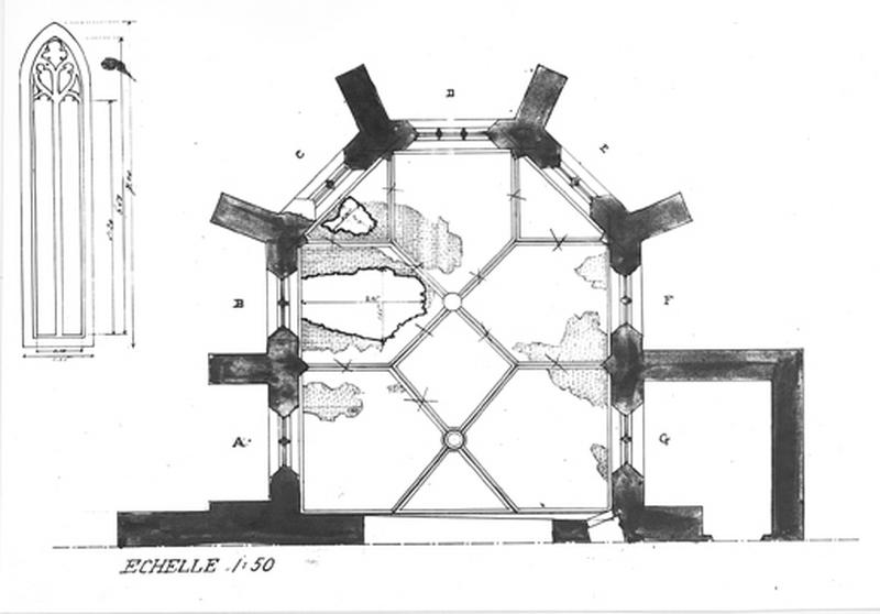 Plan du choeur avec état de conservation des voûtes après 1918 : relevé d'une fenêtre du choeur.