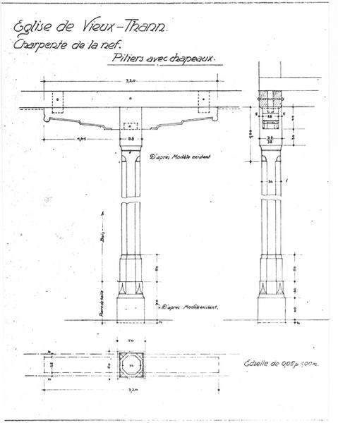 Piliers de la nef : relevé d'un pilier avec chapeau, plan, élévations de face et de profil.