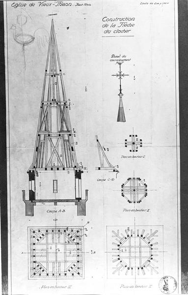 Restauration de la flèche du clocher : plans, coupe et détail du couronnement.