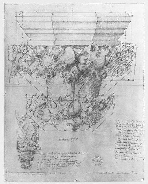 Dessin d'une console à feuillage du choeur : console de la statue de Saint Simon.