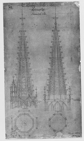 Plan, coupe et élévation est de la flèche nord.