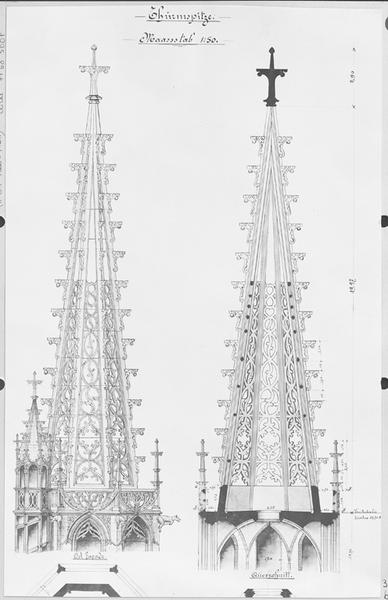 Coupe et élévation de la flèche de la tour Nord, relevées par Pfletschinger en 1901.