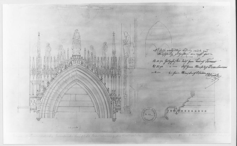 Plan, coupe et élévation du couronnement du portail occidental : projet de restauration excuté par Winkler.