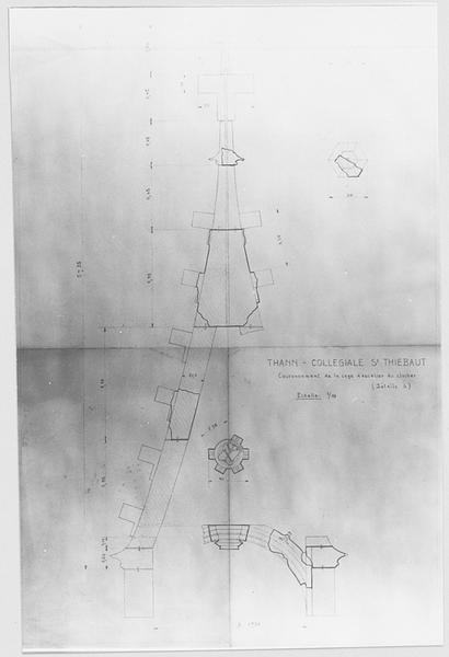 Projet de restauration du couronnement de la cage d'escalier du clocher nord : relevés du plan et de l'élévation.