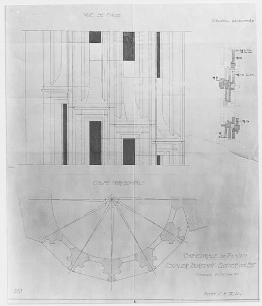 Plan et élévation partielle de l'escalier du clocher nord, côté est.