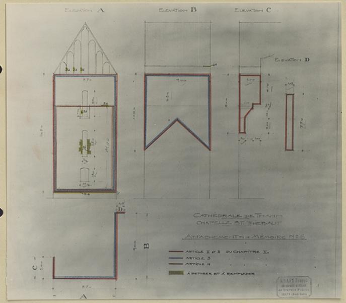 Projet de restauration de l'élévation extérieure de la chapelle Saint-Thiébaut, après la guerre de 1914-1918.