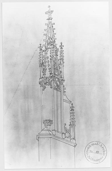 Croquis en perspective d'un pinacle couronnant un arc-boutant.