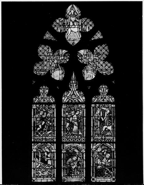 2 verrières : sept péchés capitaux, sept sacrements de l'église (baies 22, 24)