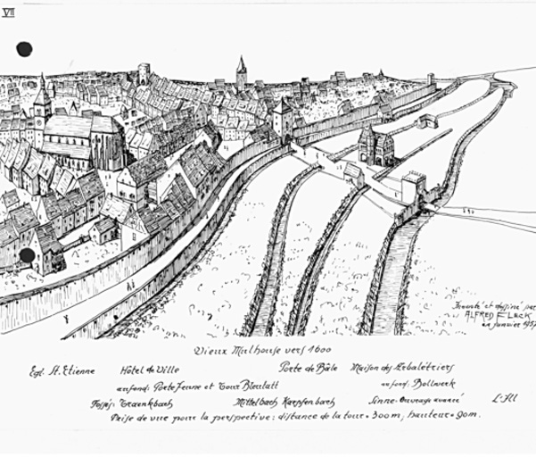 Reconstitution de la ville du côté de la porte de Bâle, vue partielle.