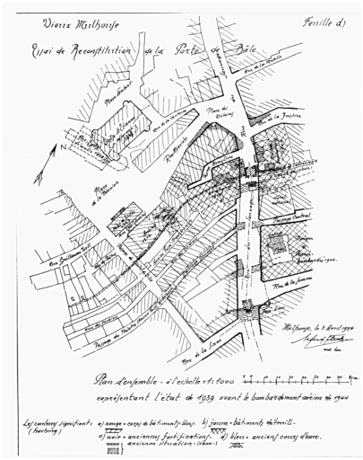 Essai de reconstitution du mur d'enceinte et de la porte de Bâle.