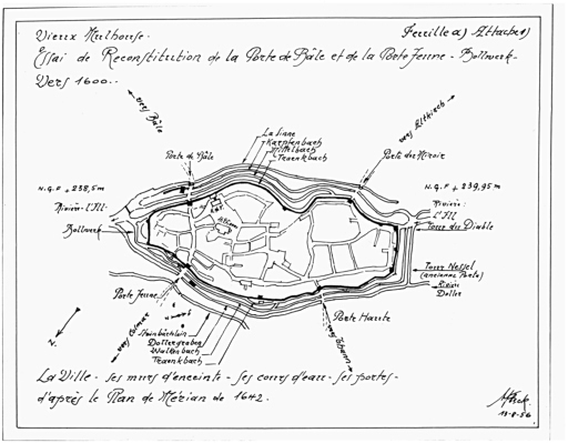 Plan de la ville avec le mur d'enceinte, ses portes et ses tours.