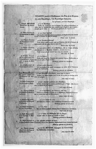 Liste des toasts portés à Mulhouse à la fête de la réunion avec la France, en 1798.