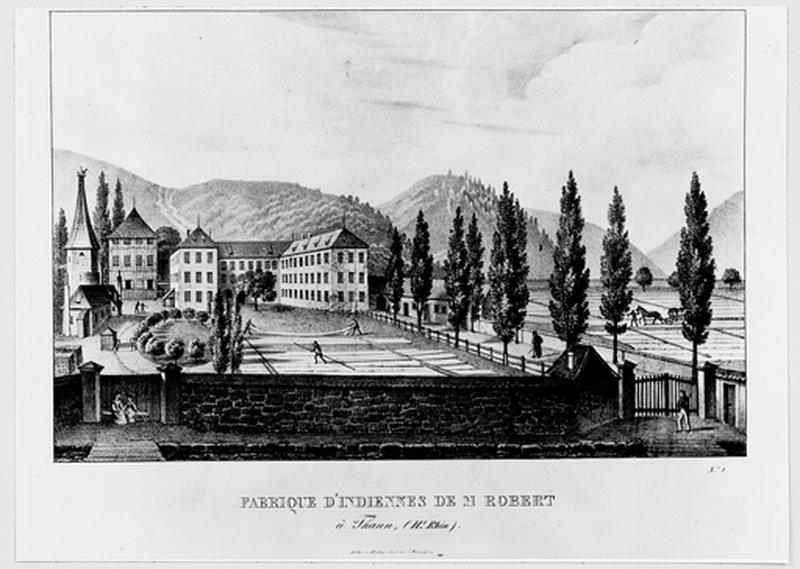 Les bâtiments conventuels transformés en fabrique d'indiennes par M. Robert, vers 1830 (la chapelle est démolie).
