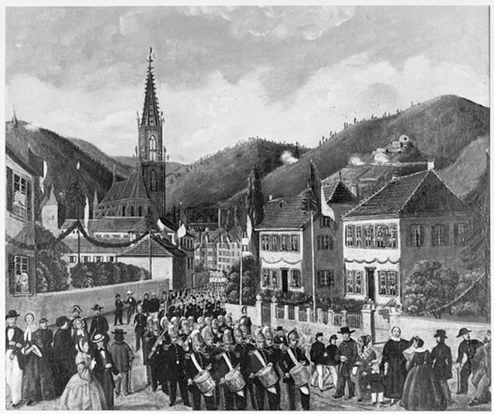 Vue d'ensemble d'un tableau de la procession du sacrément, datant de 1840.