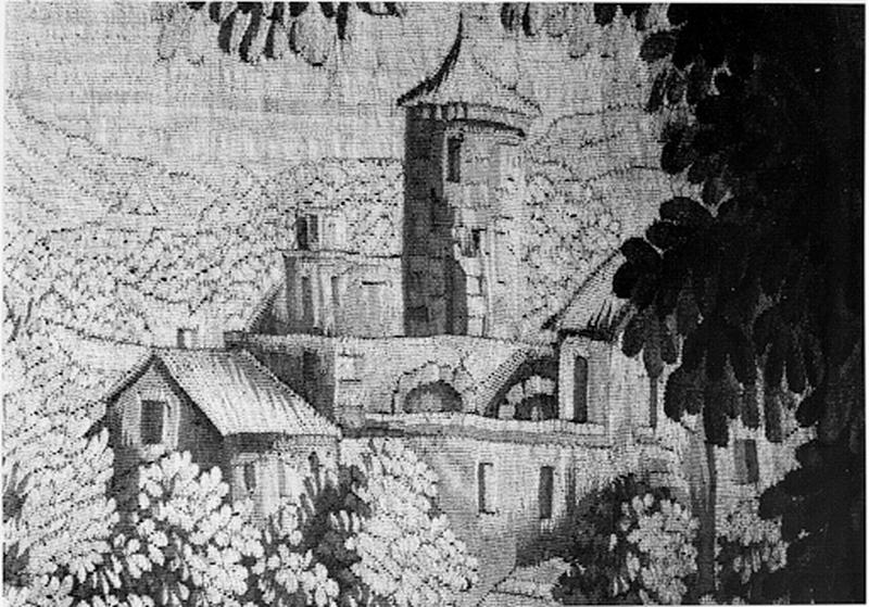 Vue d'ensemble de la tapisserie murale : vue du château, en haut à droite.(détail)
